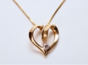 14K Gold Tested Open Heart Pendant With Diamond And 14K Gold Chain  5.3 Grams
