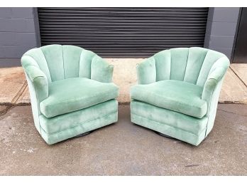 Pair Of Vintage Swiveling Scalloped Barrel Back Club Chairs