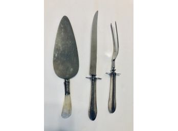 Vintage Sterling Handle Knife, Fork & Pie Server ( Mother Of Pearl Handle)