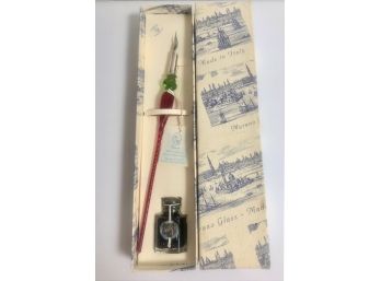NOS From Italy Venice Murano Glass W/Sterling Silver Tip Calligraphy Fountain Pen And Unopened Ink Jar
