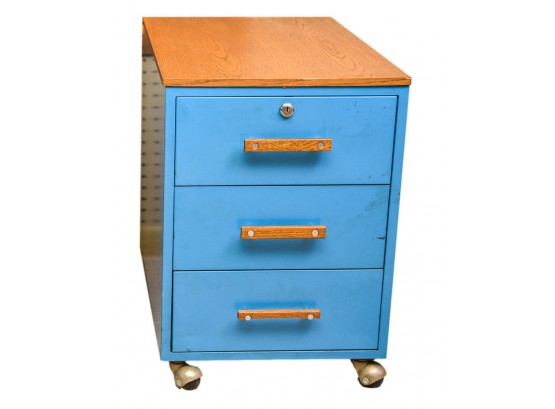 Vintage Rolling Metal File Cabinet  On Casters With Wood Grain Top
