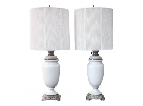 Pair Of R. Ditmar Wien Ceramic And Brass Table Lamps With String Shades