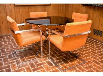 Bernhardt Mid-Century Smoky Glass Table With Chrome Base And Four Suede-like Chairs