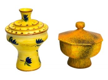 Majolique Peint Main Collioure Flower Frog Vase + Haeger Potteries Lidded Pot