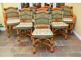 Set Of Eight Grange French Rattan Dining Room Chairs With Cushions