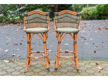 Pair Of French Grange Wicker And Rattan Counter Height Stools
