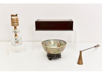 Chinese Cloisonné Bowl, Chinese Lacquer Box, Crystal Lighter And Candle Snuffer