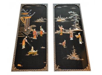 Pair Of Mid-Century Coromandel Style Chinese Wood Carved Lacquer Plaques
