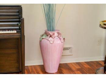 Large Sculpted Pink Vase With Faux Sea Grass