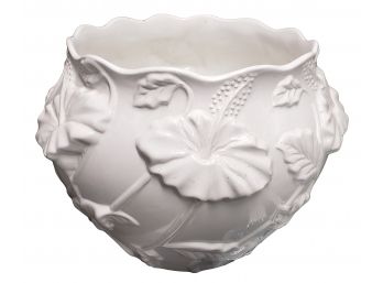 Large White Hibiscus Flowers Portuguese Ceramic Planter Bowl