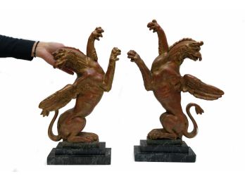 Pair Winged Griffin Figurines On Faux Marble Base