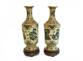 Unusual Pair Of Asian Cloisonne Vases On Carved Wooden Bases