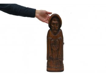 Vintage Wood Hand Carved Monk Figurine Wine Box Bottle Case