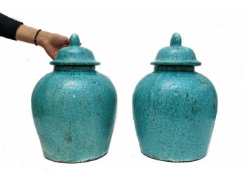 Pair Of Vintage Turquoise Glazed Terracotta Ginger Jars In Crackle Design