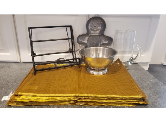 16 Pier One Imports Place Mates With Cook Book Stand,  Colinder, Glass Jug And Gingerbread Man Mold