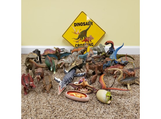 Nice Lot Of Large Toy Dinosaurs And Metal Sign