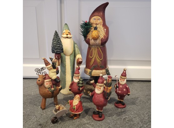 Wooden And Ceramic Santa Collection Including A Maude Risher Santa Collectible