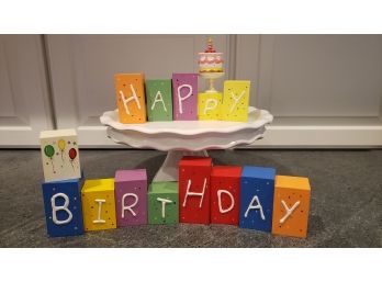Lillian Vernon Happy Birthday Blocks With Beautiful White Cake Stand