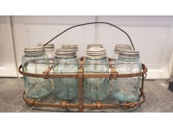 Antique Mason Jars With Zinc Lids In Handmade Iron Carrier