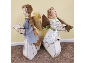 3 Ft Tall Rustic Wood And Tin Angel Figures