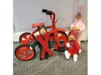 Three Byers Choice Small Figures And Tricycle