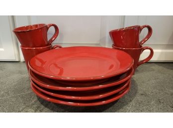 Crate & Barrel Rustic Red Dinner Plates And Mugs