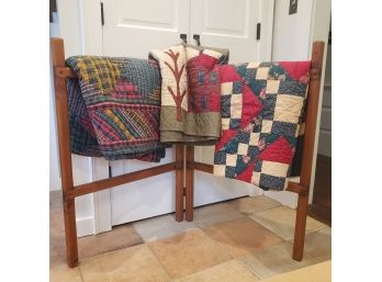 Pine Quilt Stand With Beautiful Queen Throws Or Full Size Quilts