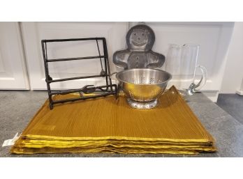 16 Pier One Imports Place Mates With Cook Book Stand,  Colinder, Glass Jug And Gingerbread Man Mold