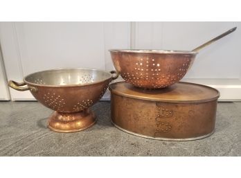 Very Nice Copper Colanders And Storage Tin