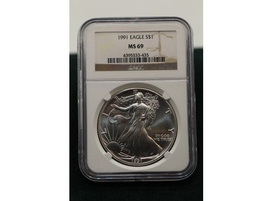 1991 Graded NGC MS 69 Silver Eagle .999 One Ounce Coin Dh