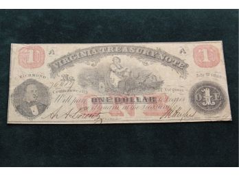 1862 Civil War Virginia Treasury Note One Dollar