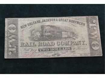 1861 New Orleans Jackson & Great Northern Railroad 2 Dollar Note