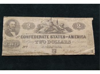 1862 Confederate States Of America Richmond Virginia 2 Dollars Note