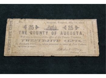 1862 Civil War County Of Augusta  Virginia 25 Cent Fractional Currency Note