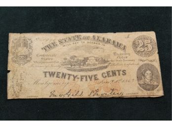 1863 State Of Alabama Confederate States 25 Cent Note