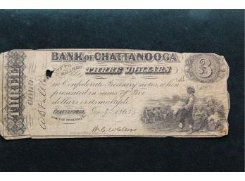 1863 Bank Of Chattanooga Confederate Three Dollar Note
