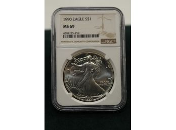 1990 Graded NGC MS 69 Silver Eagle .999 One Ounce Coin Dh
