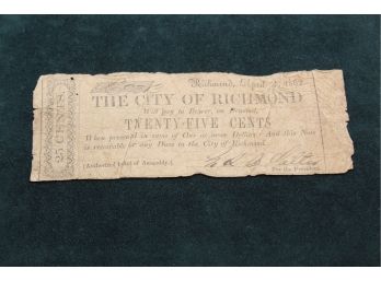 1862 Civil War Confederate State City Of Richmond 25 Cent Note