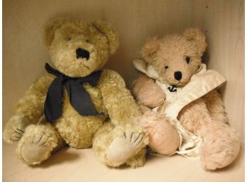 Two Vintage Teddy Bears With Antique Victorian Bib