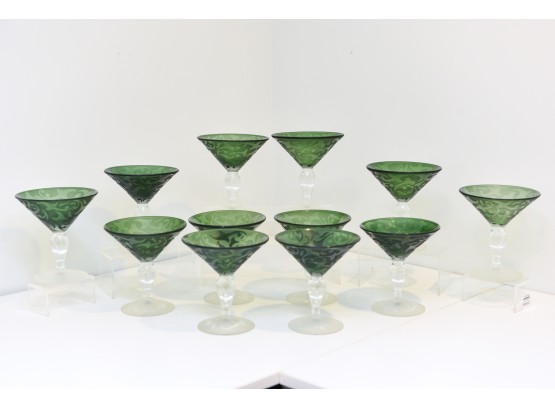 Set Of 12 Signed Michael Weems Blown Crystal Martini Glasses