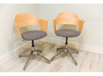 Pair Of Adjustable Swivel Desk Chairs With Wood Backing And Metal Stand