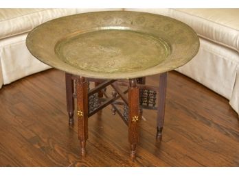 Handcrafted Vintage Moroccan 30' Round Brass Tray Table With Folding Wood Stand