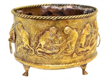 Footed Brass Planter With Repousse Monkey Design And Lion Head Ring Handles