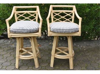 Pair Of Vintage Wood And Rattan Swivel Counter Height Seats