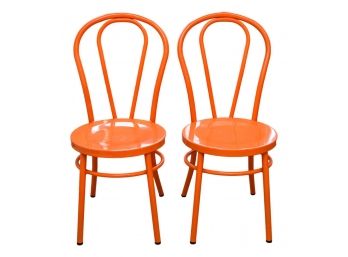 Pair Of Bright Orange Metal Ice Cream Parlor Chairs