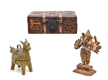 Thai Brass Hindu God Figurines + Carved Wooden Box