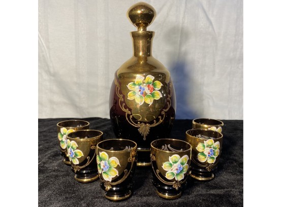 Murano Floral Enameled Purple Glass Cordial Set With Decanter And Six Cups