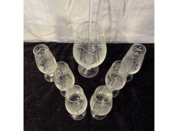 Italian Made MCM Cut Glass Atomic Martini Server And Six Etched Stems