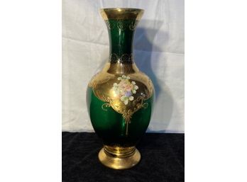 Murano Tall Green Glass Vase With Enameled Flowers And Gilt Accents