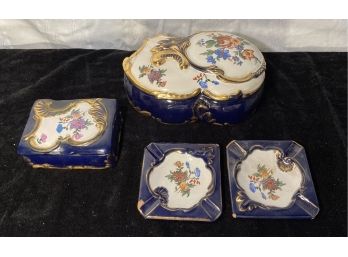 Blue And Gold Accent Hand Painted Boxes And Ashtrays